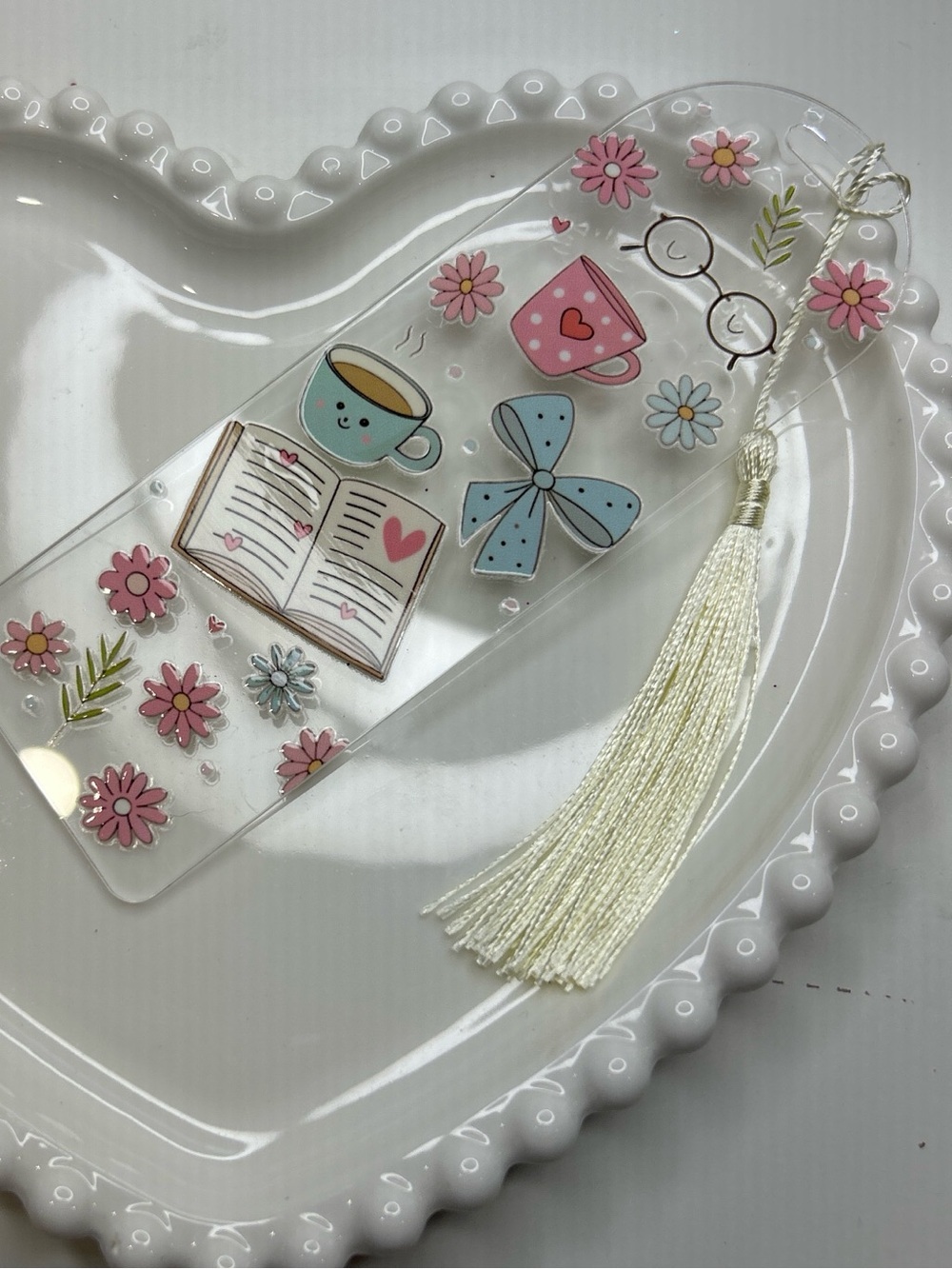 Clear Floral & Book Tassel Bookmark — Pink, Blue, Cream